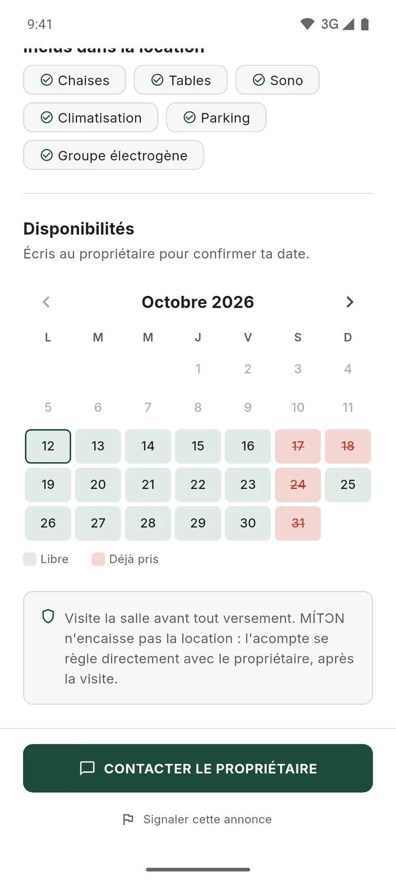 Fiche d’une salle de fêtes avec le calendrier des dates libres et prises