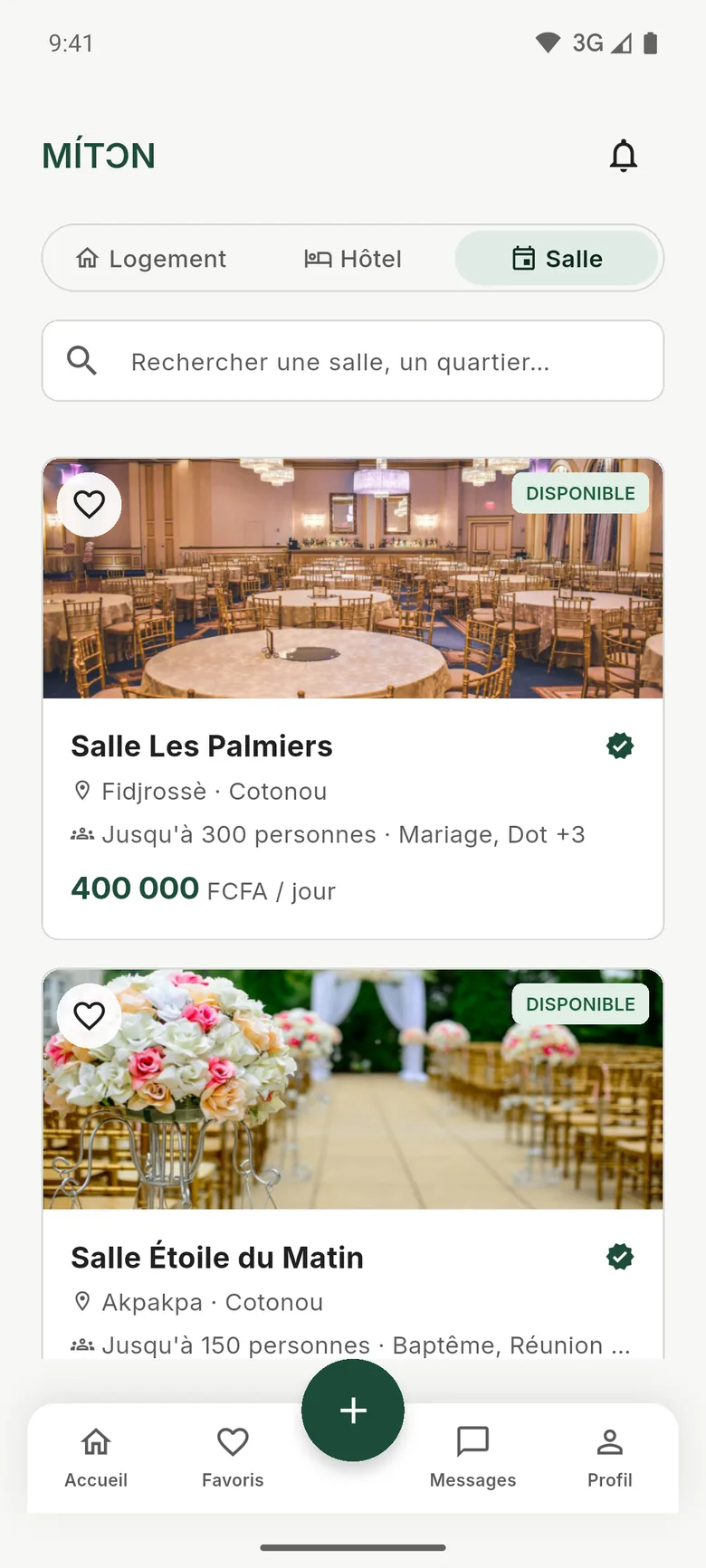 Recherche MÍTƆN avec les trois onglets : Logement, Hôtel et Salle