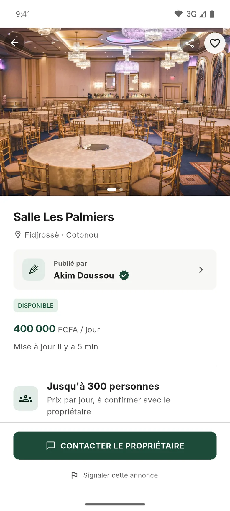 Fiche d’une salle de fêtes : capacité et prix par jour