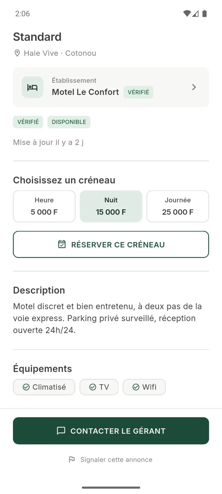 Fiche chambre hôtel avec sélecteur de créneau
