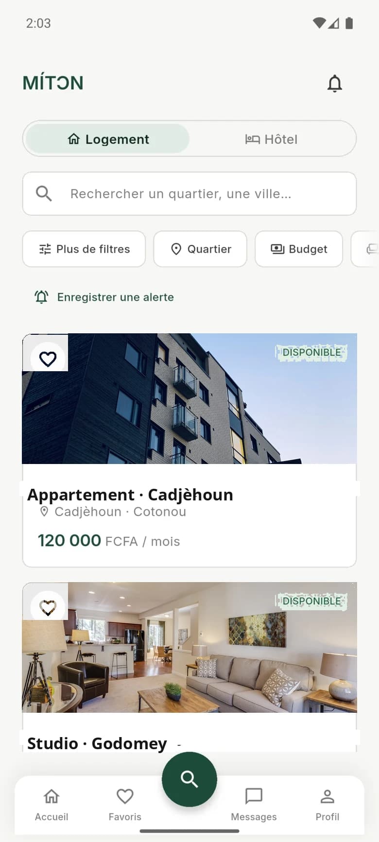 Écran d'accueil MÍTƆN, recherche de logements à Cotonou